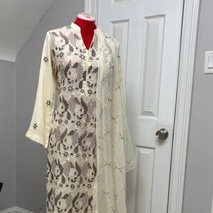 Elegant Cream and Brown Embroidered 3pc dress